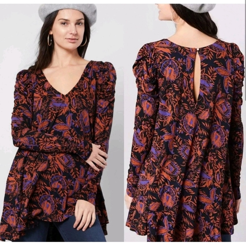 FREE PEOPLE Hello Lover Ruched Long Sleeve Printed Tunic XS
